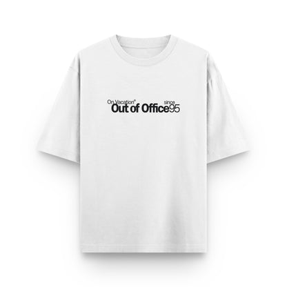White t-shirt with black text on a white background