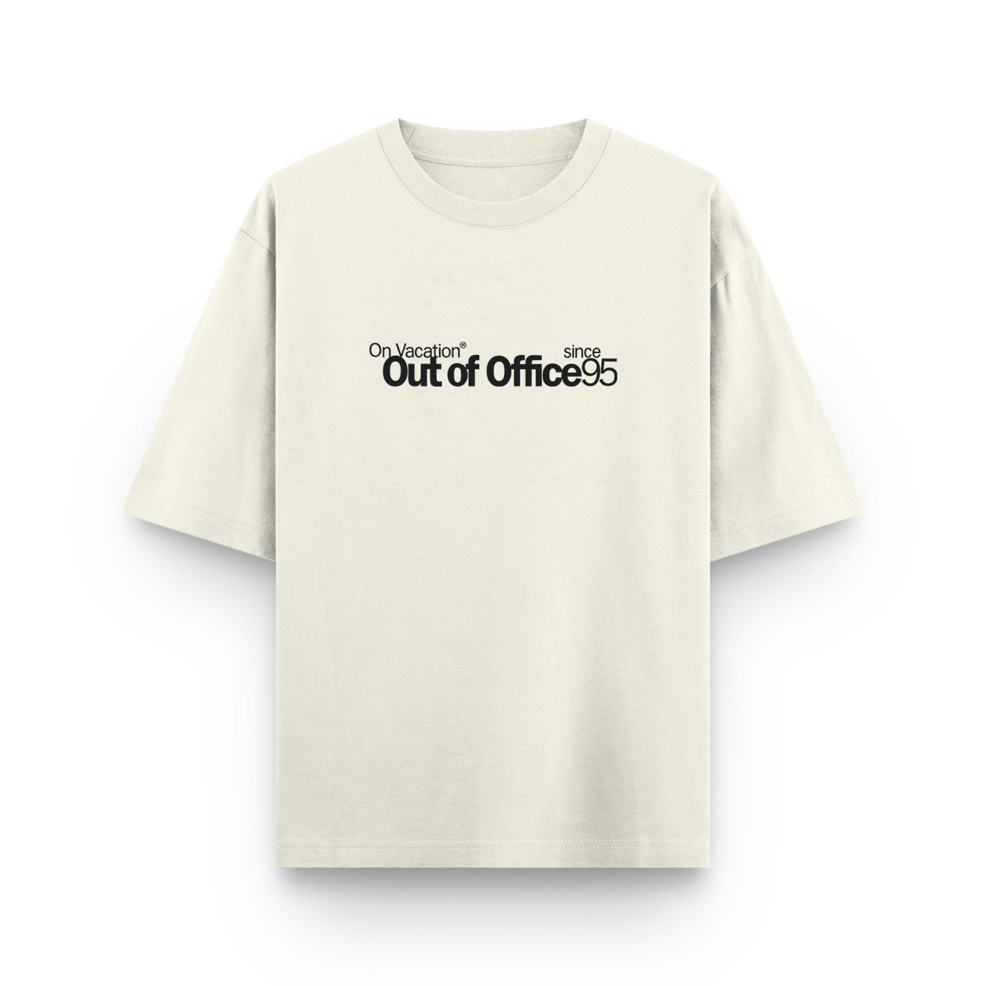 Beige t-shirt with black text on a white background