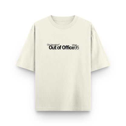 Beige t-shirt with black text on a white background