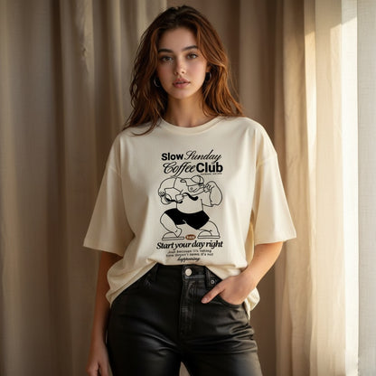 Woman wearing a t-shirt with 'Slow Sunday Coffee Club' design against a neutral background