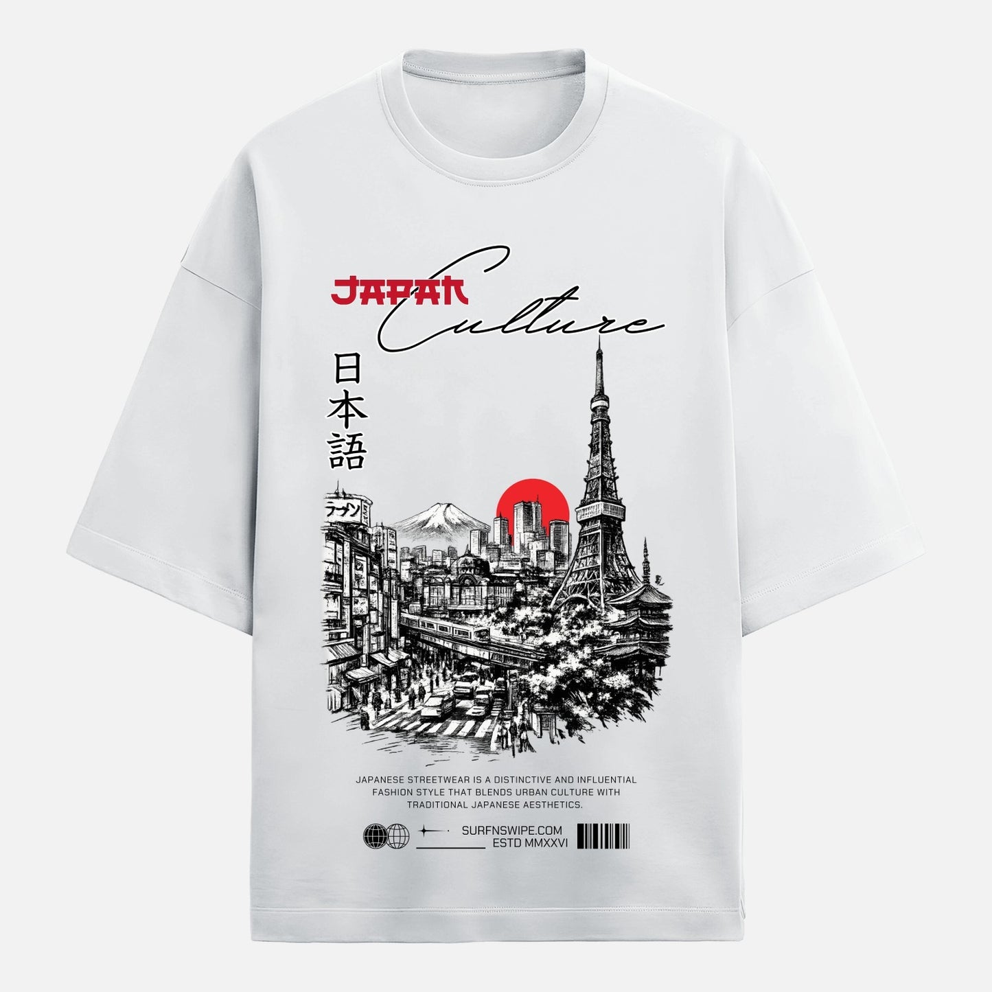 White t-shirt with a graphic design of Tokyo skyline and Mount Fuji, featuring text 'Japan Culture' on a white background.