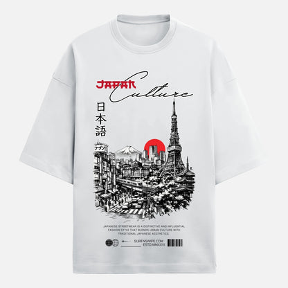 White t-shirt with a graphic design of Tokyo skyline and Mount Fuji, featuring text 'Japan Culture' on a white background.