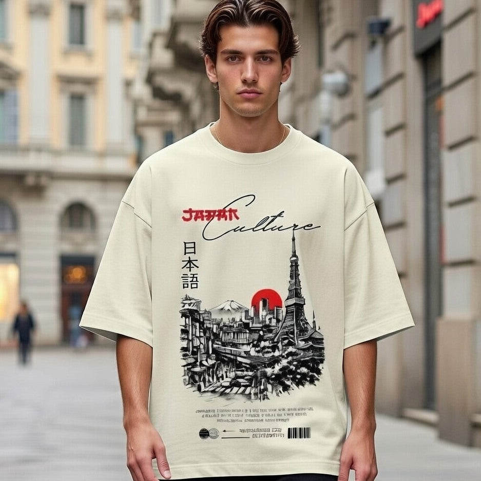 Man wearing a t-shirt with a graphic design and text in an urban setting