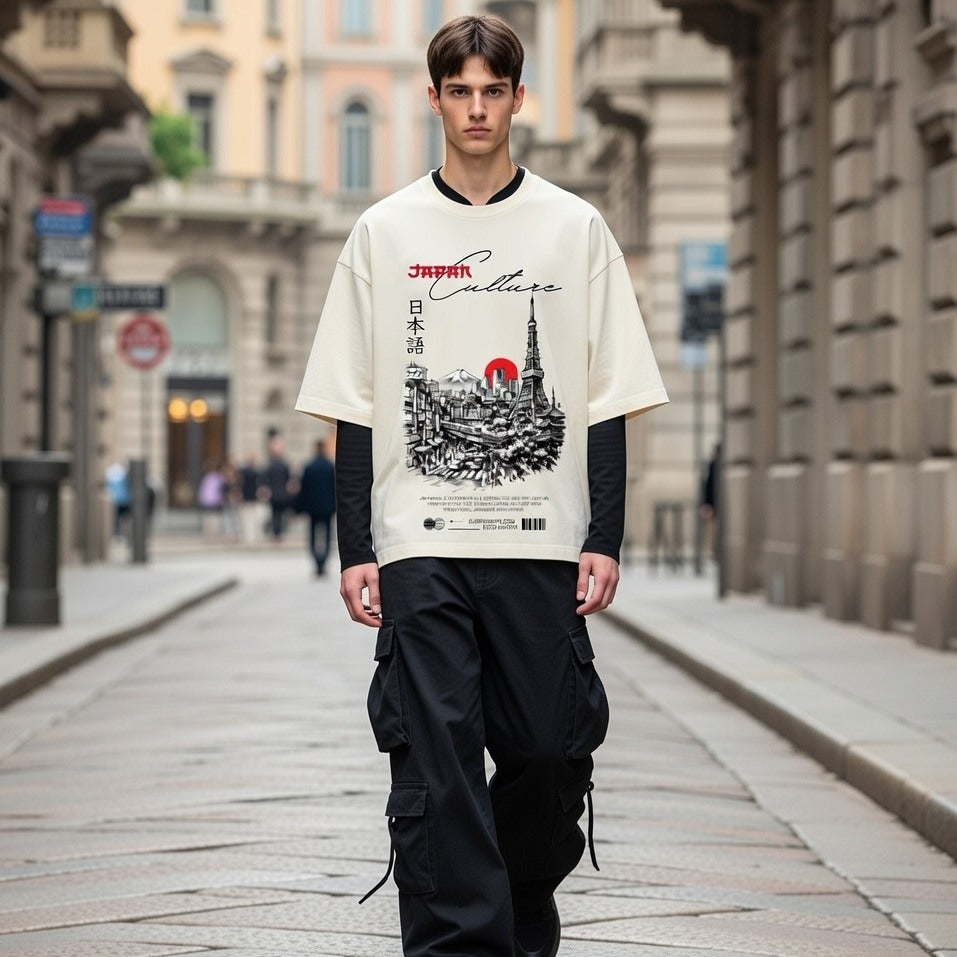 Person wearing a white t-shirt with a graphic design on a city street