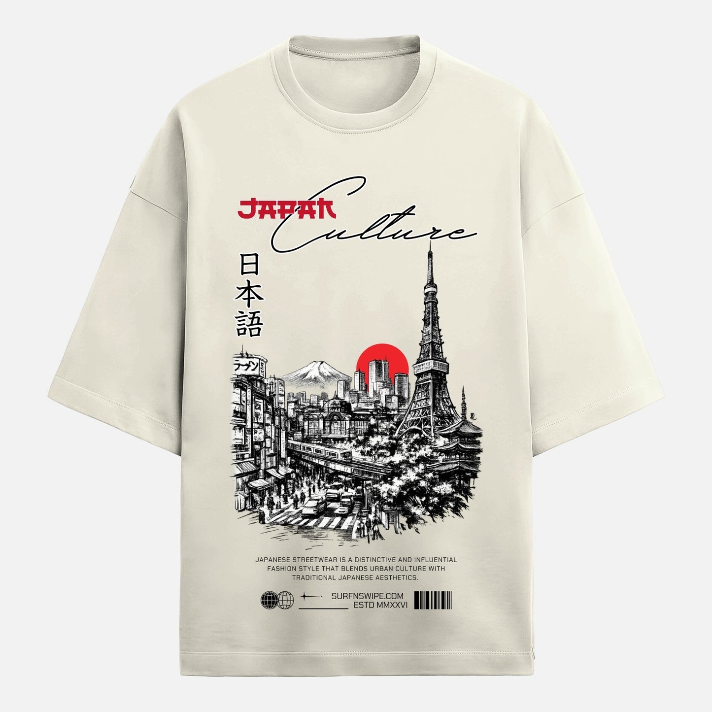 Beige t-shirt with a graphic design of the Eiffel Tower and Japanese text on a white background