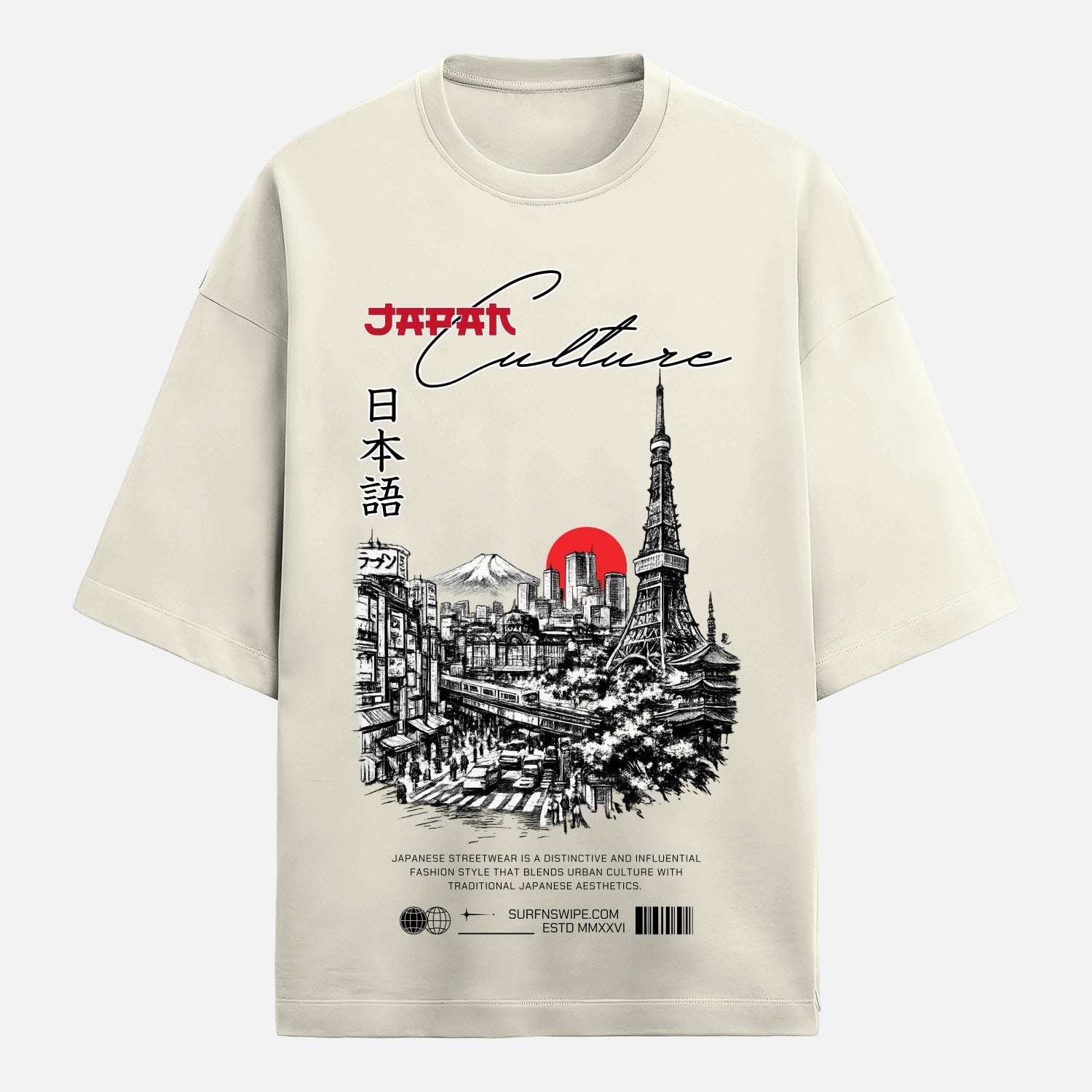 Beige t-shirt with a graphic design of the Eiffel Tower and Japanese text on a white background