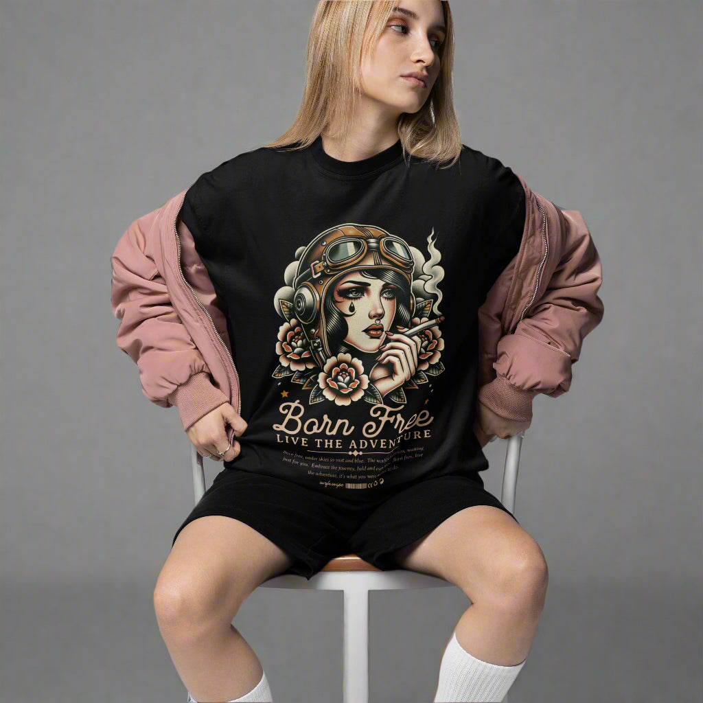 Retro Tattoo Born Free Tee - Vintage Aviator  Design