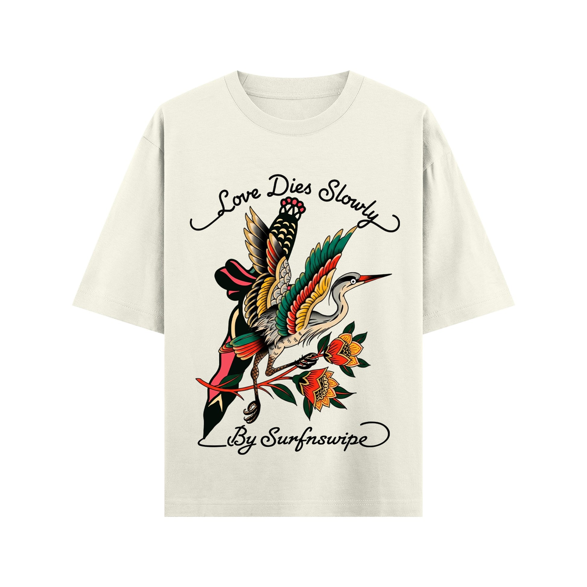White t-shirt with colorful bird graphic and text on a white background