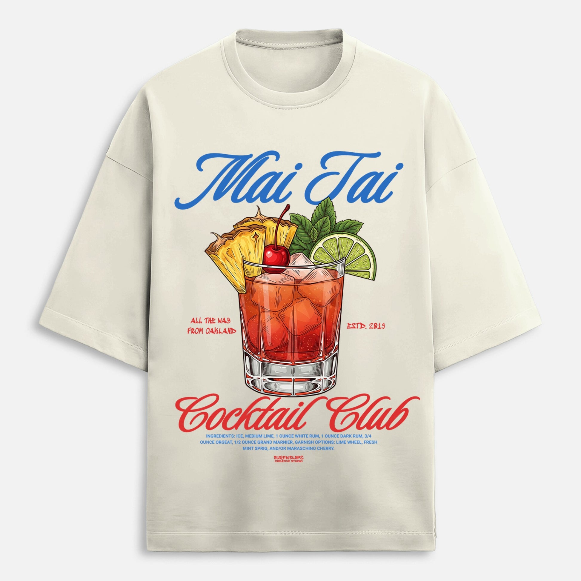 Beige t-shirt with Mai Tai cocktail graphic and text on a white background