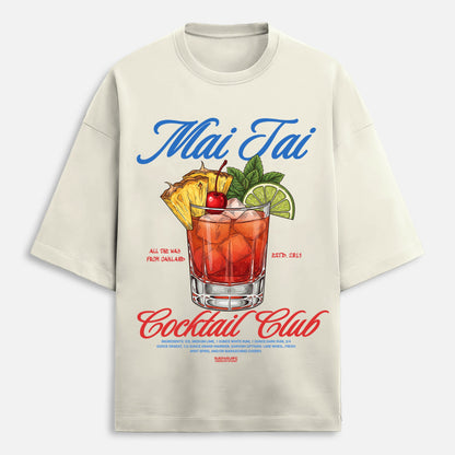 Beige t-shirt with Mai Tai cocktail graphic and text on a white background