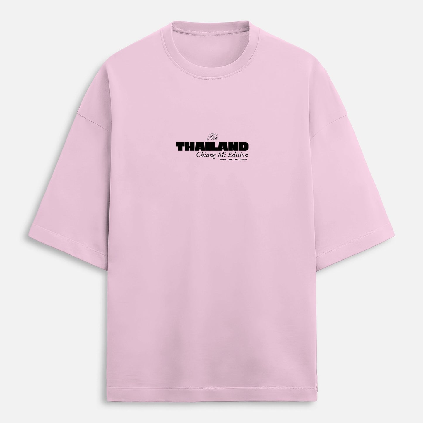 Pink t-shirt with black text on a white background