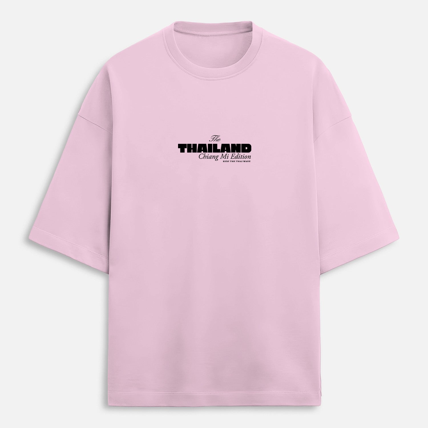 Pink t-shirt with black text on a white background