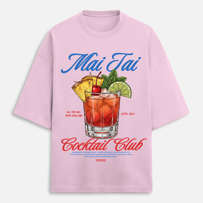 Pink t-shirt with Mai Tai cocktail graphic and text on a white background