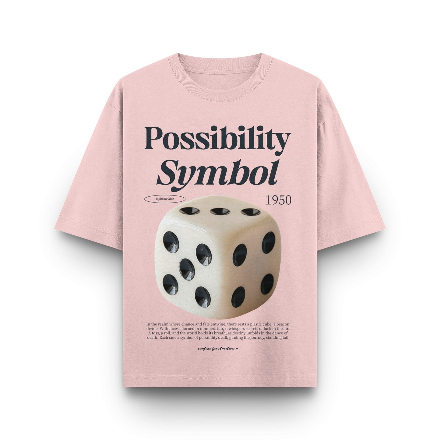 Pink t-shirt with a dice graphic and text on a white background