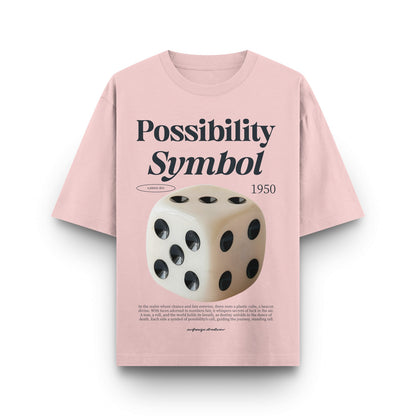 Pink t-shirt with a dice graphic and text on a white background