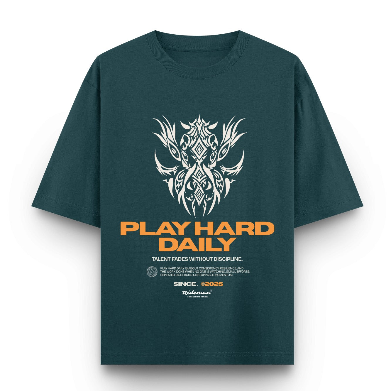 Teal t-shirt with white and orange graphic design on a white background