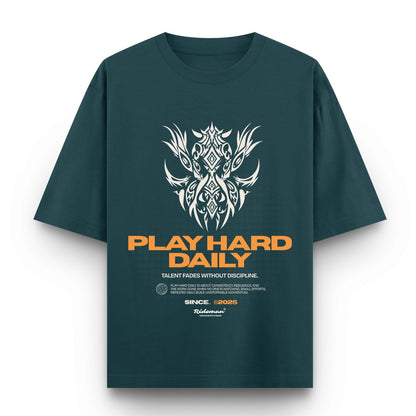 Teal t-shirt with white and orange graphic design on a white background