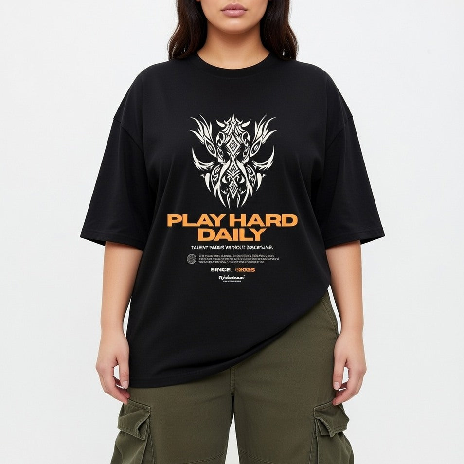 Person wearing a black t-shirt with a graphic design and text on a white background
