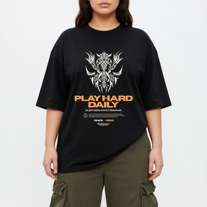 Person wearing a black t-shirt with a graphic design and text on a white background
