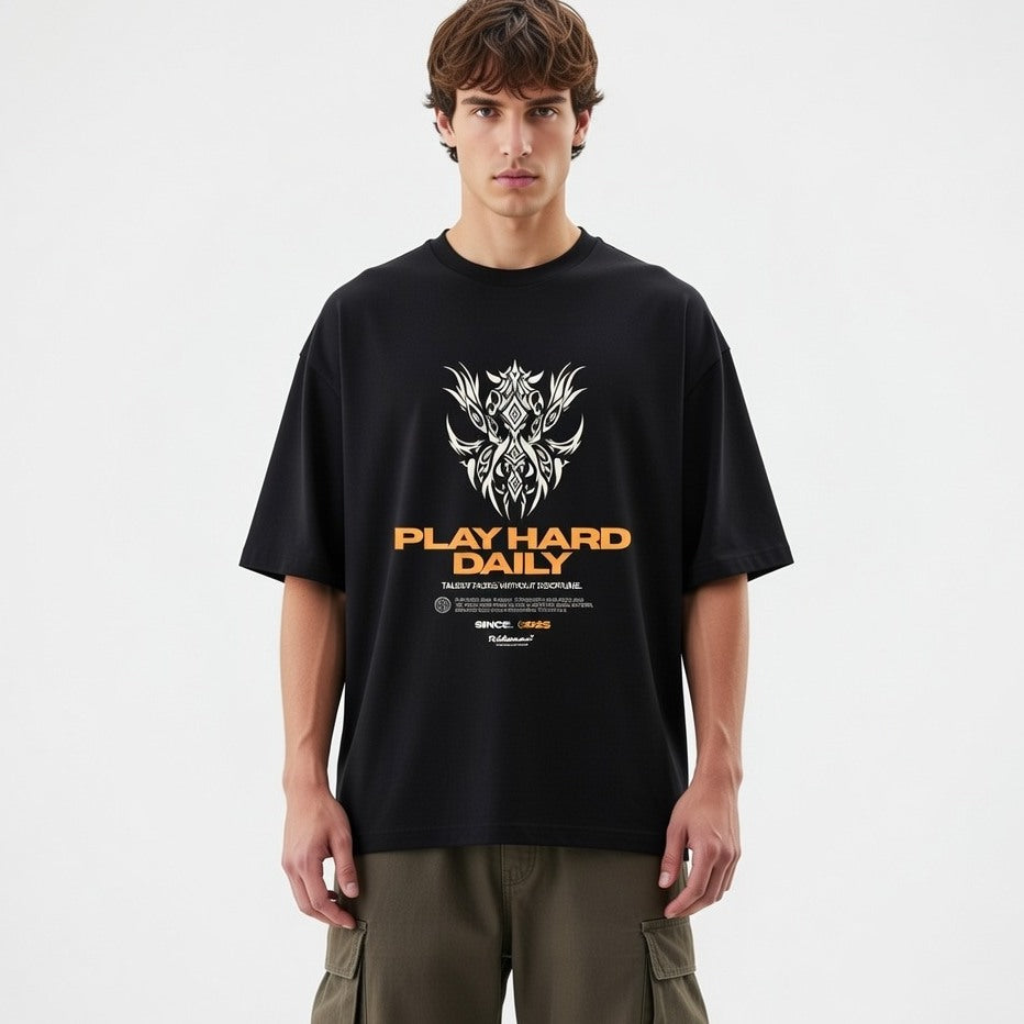 Person wearing a black t-shirt with a graphic design and text on a white background