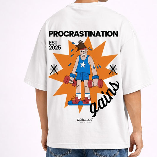 White t-shirt with a graphic design on the back featuring a cartoon character and text.