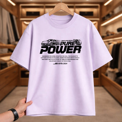 White t-shirt with black graphic and text on a hanger in a store setting