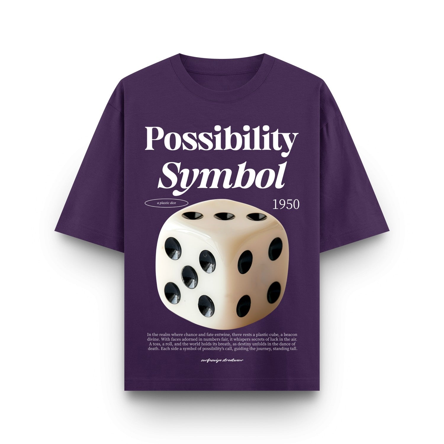 Purple t-shirt with a dice graphic and text on a white background