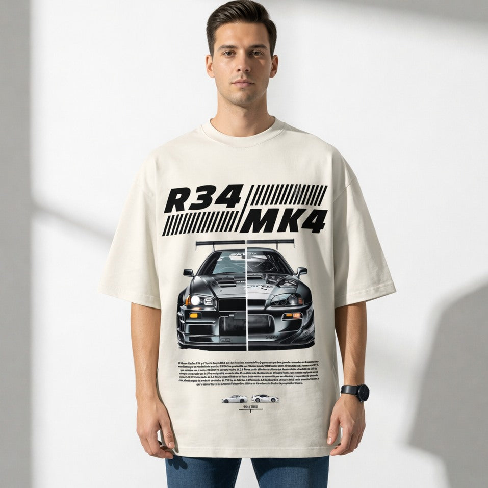 Man wearing a t-shirt with a car design and text on a white background