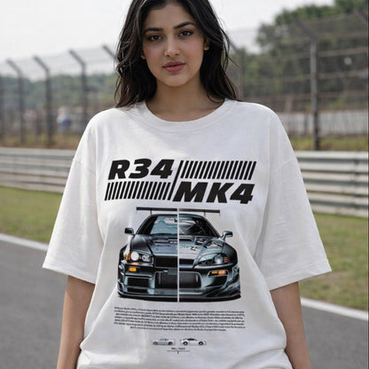 Woman wearing a white t-shirt with car design and text on a race track background