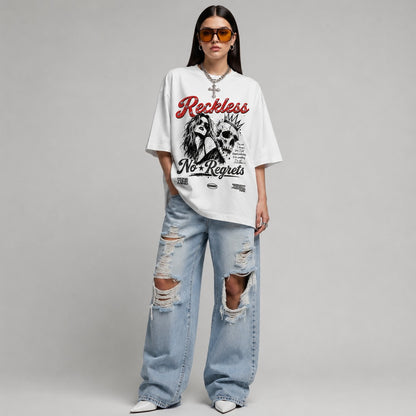 white oversized Y2K streetwear graphic t-shirt with skull design