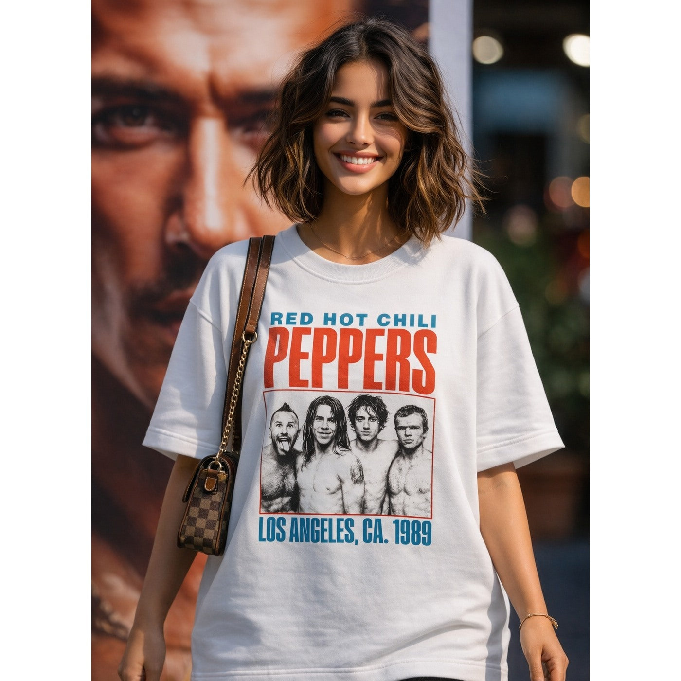 Woman wearing a Red Hot Chili Peppers t-shirt with a blurred background