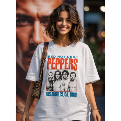 Woman wearing a Red Hot Chili Peppers t-shirt with a blurred background