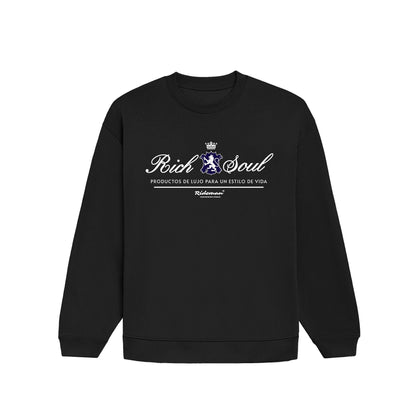 Black sweatshirt with 'Rich Soul' text and logo on a white background