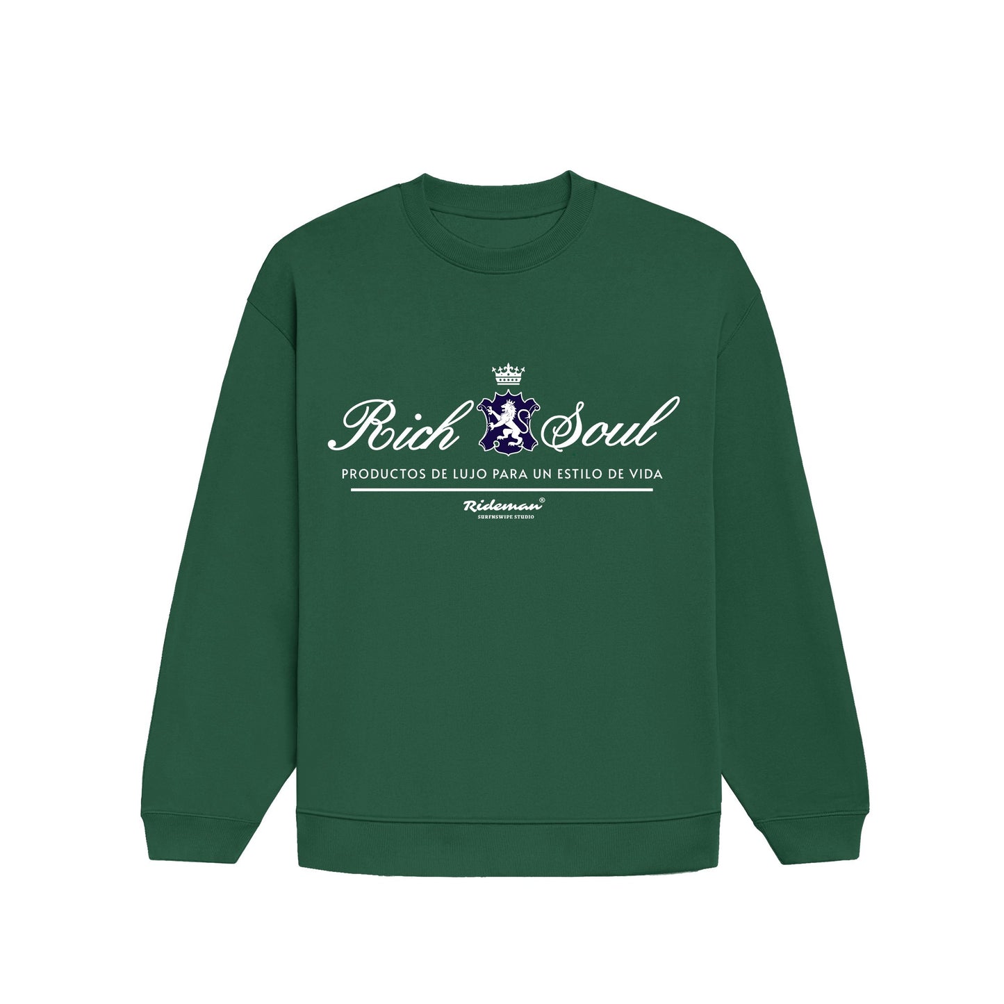 Green sweatshirt with white text and logo on a white background