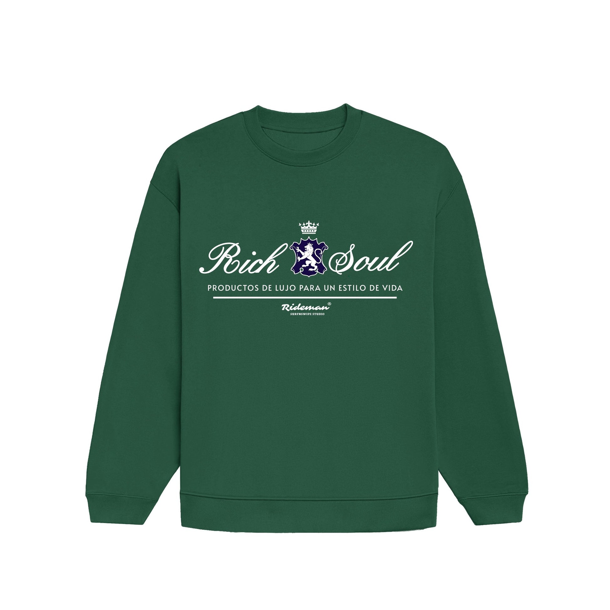 Green sweatshirt with white text and logo on a white background