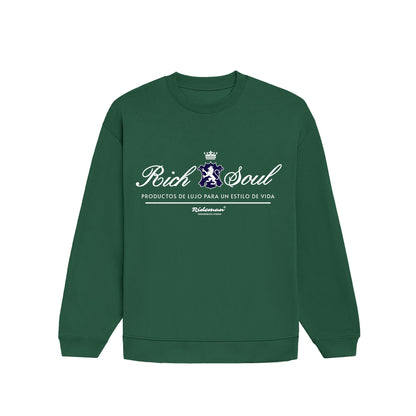 Green sweatshirt with white text and logo on a white background