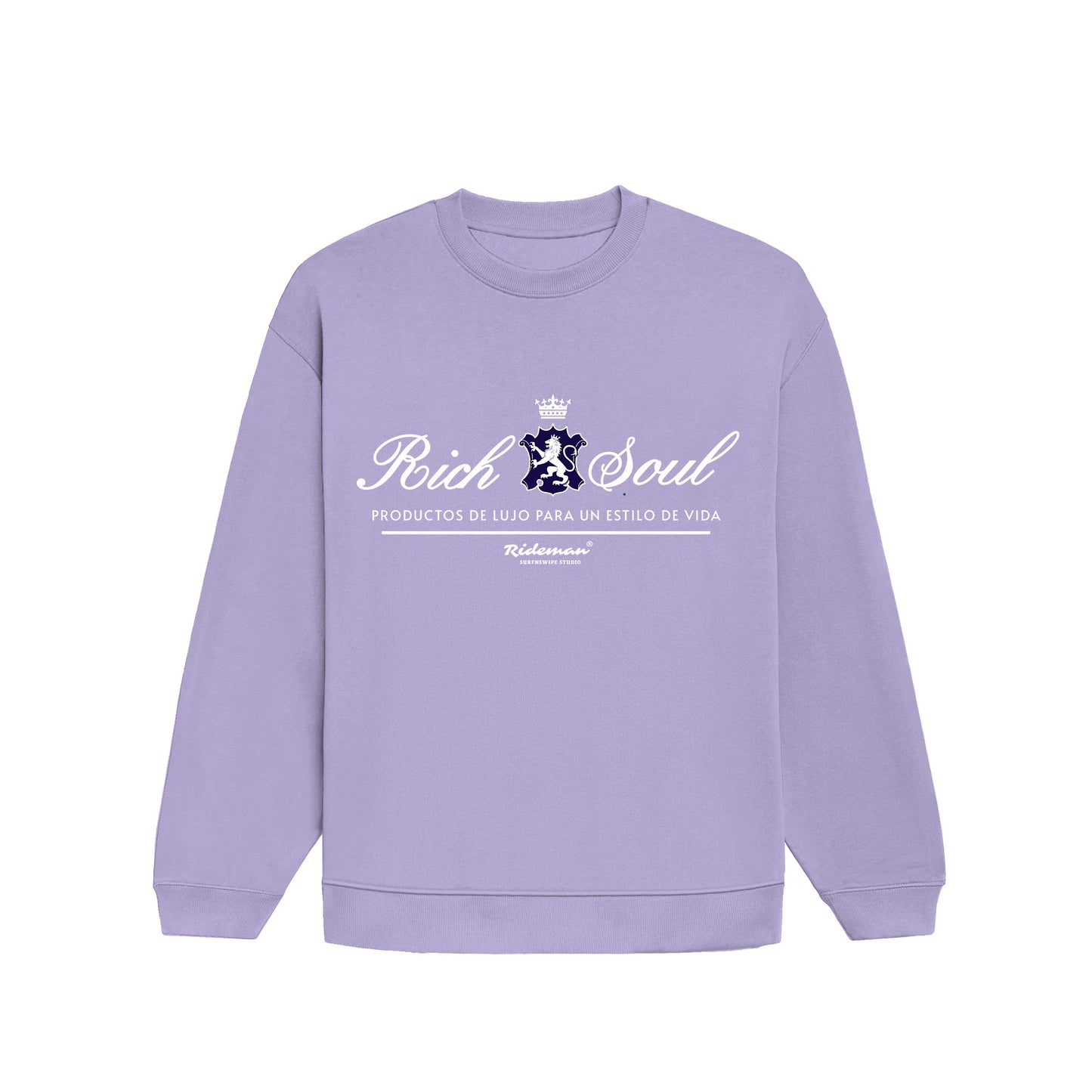 Purple sweatshirt with 'Rich Soul' text and logo on a white background