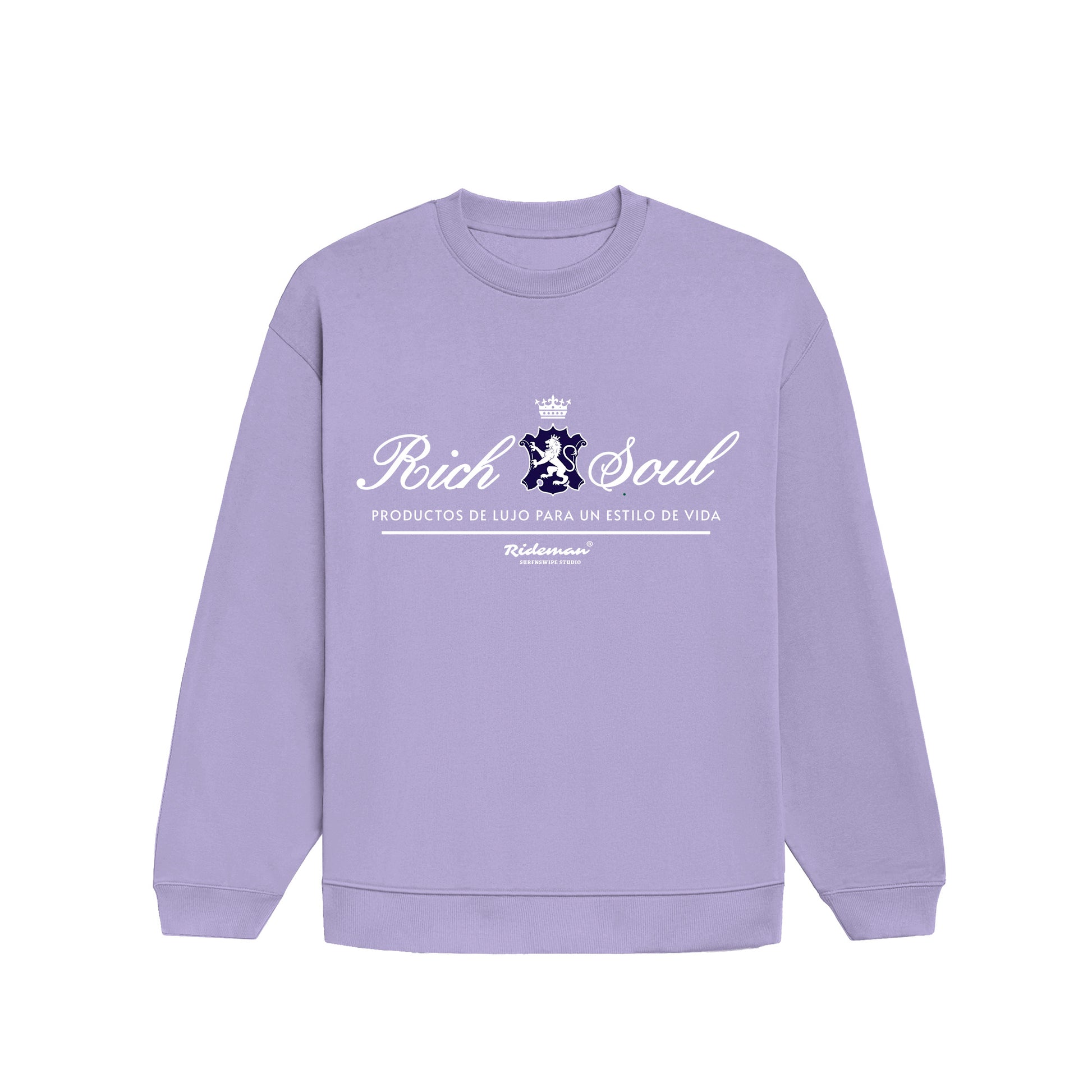 Purple sweatshirt with 'Rich Soul' text and logo on a white background