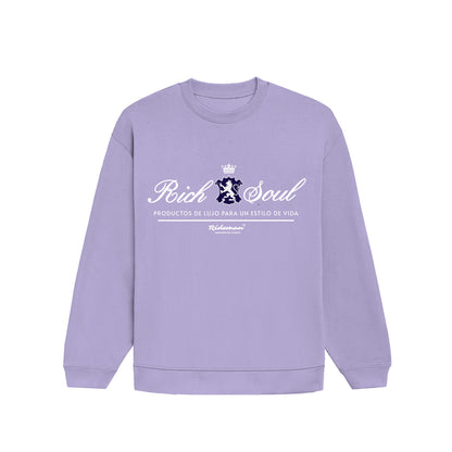 Purple sweatshirt with 'Rich Soul' text and logo on a white background