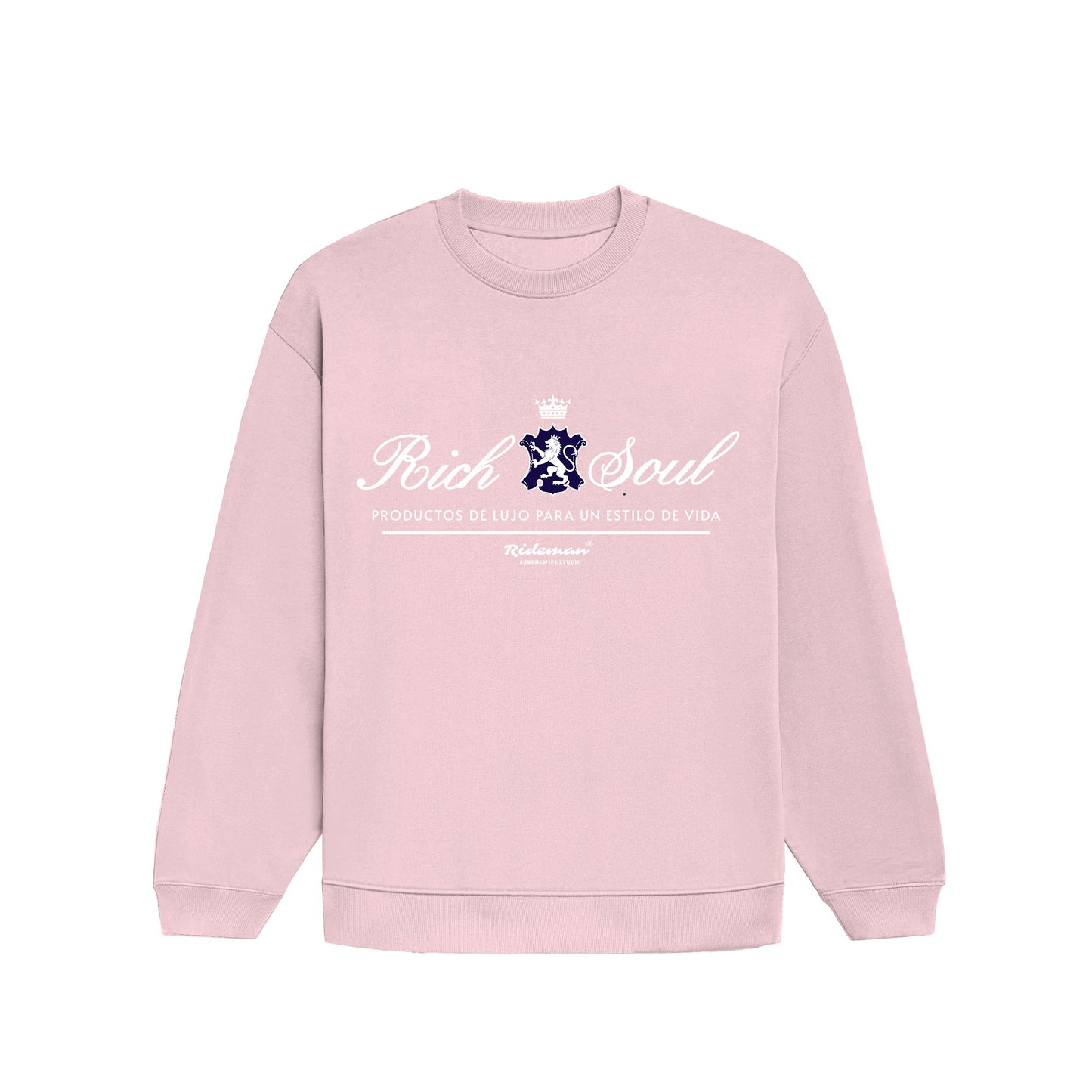 Pink sweatshirt with 'Rich Soul' text and logo on a white background