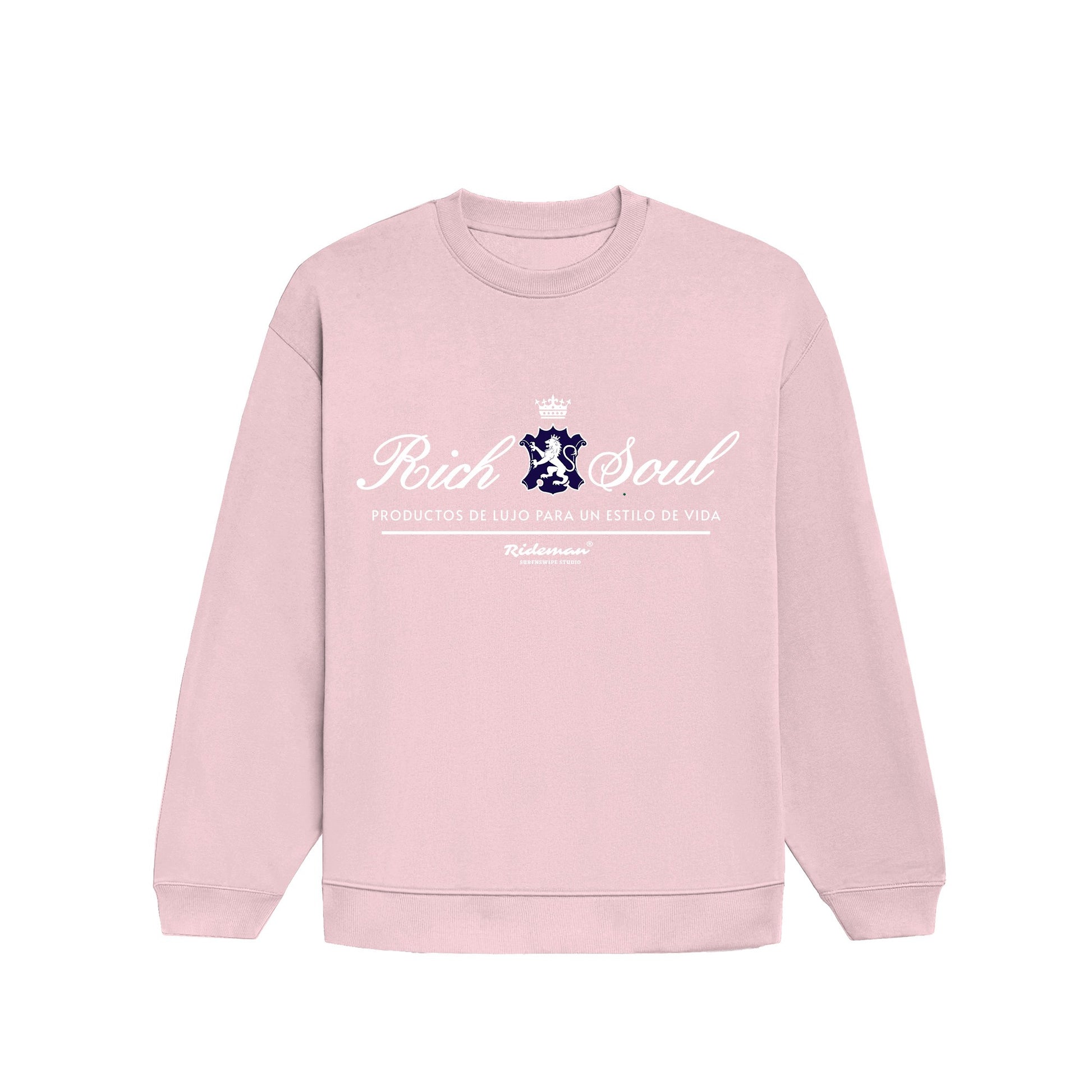 Pink sweatshirt with 'Rich Soul' text and logo on a white background