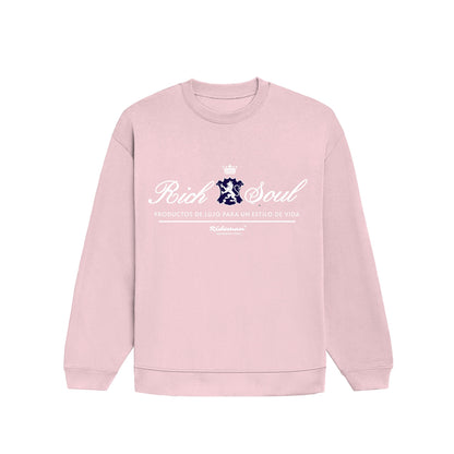 Pink sweatshirt with 'Rich Soul' text and logo on a white background