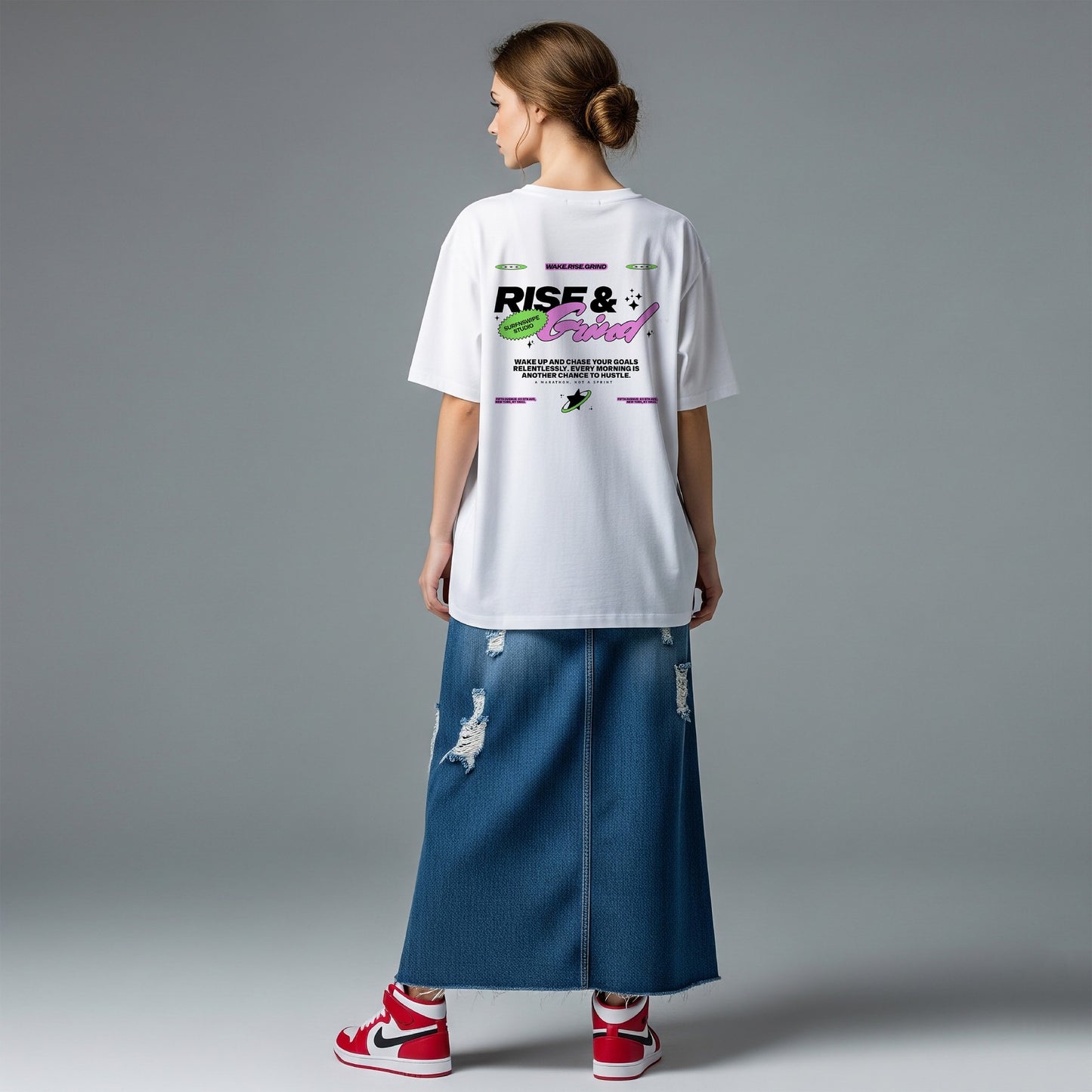  T-shirt with "Rise & Grind" graphic