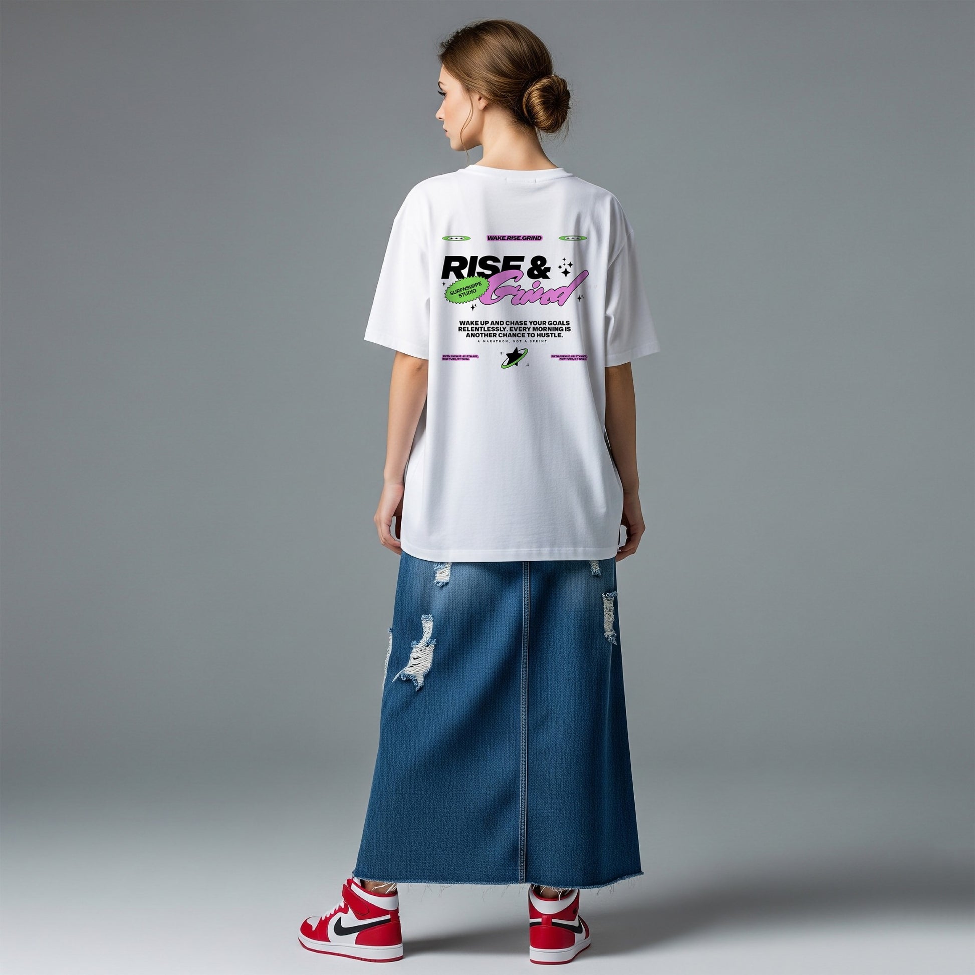  T-shirt with "Rise & Grind" graphic