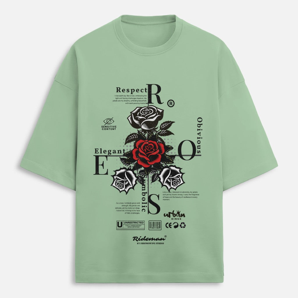 Light green t-shirt with black and red rose graphic and text on a white background