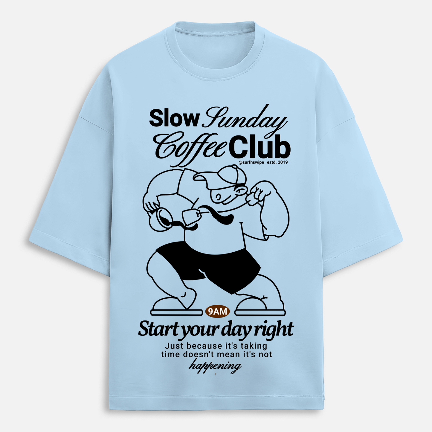 Light blue t-shirt with black graphic and text on a white background