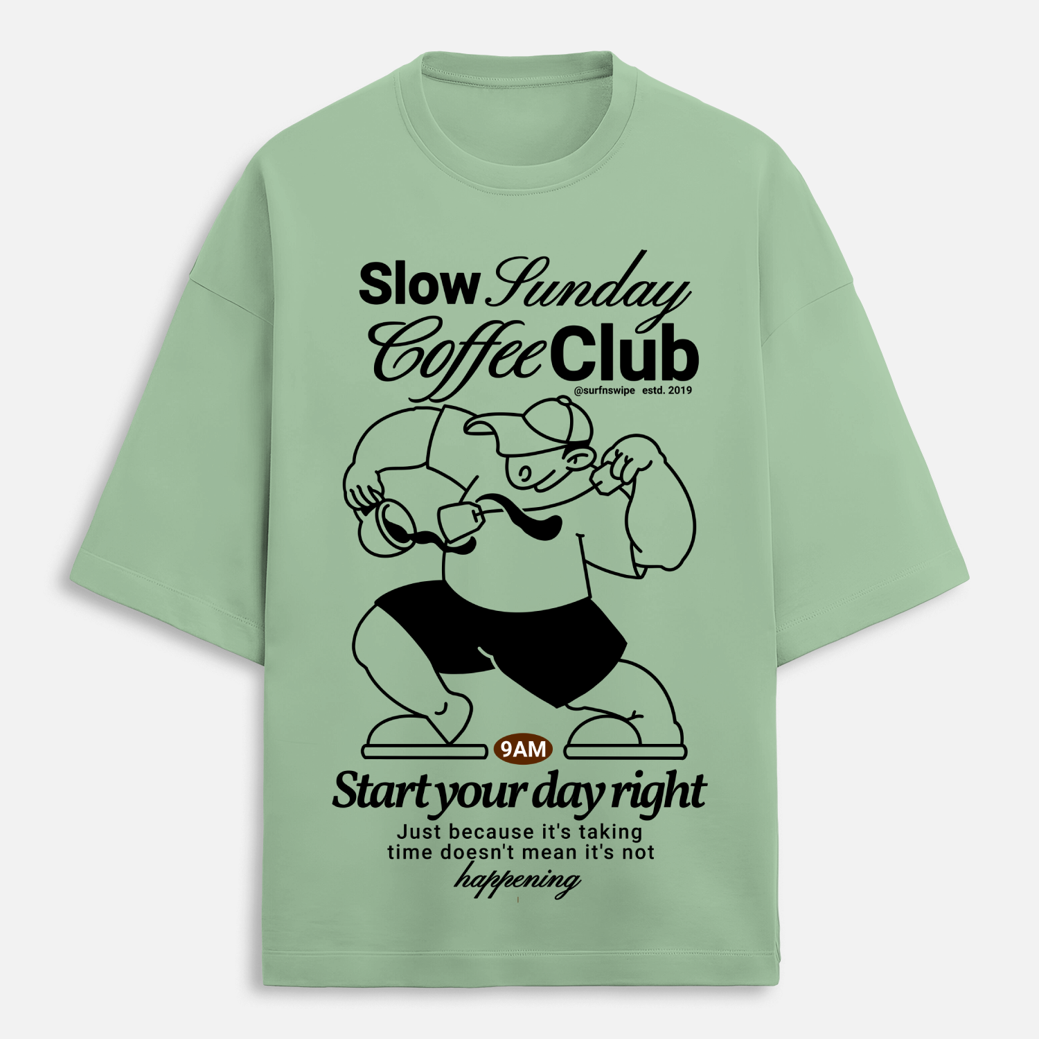 Light green t-shirt with black graphic and text on a white background