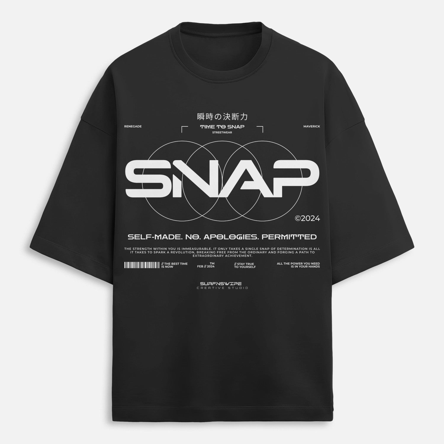 Black t-shirt with white text and graphics on a light gray background