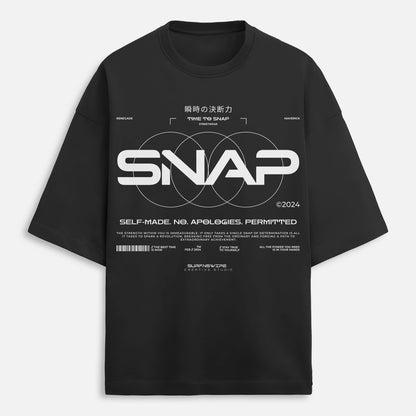 Black t-shirt with white text and graphics on a light gray background