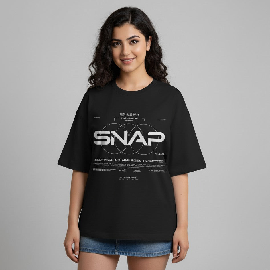 Woman wearing a black t-shirt with 'SNAP' logo and text on a gray background